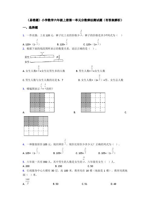 (易错题)小学数学六年级上册第一单元分数乘法测试题(有答案解析)