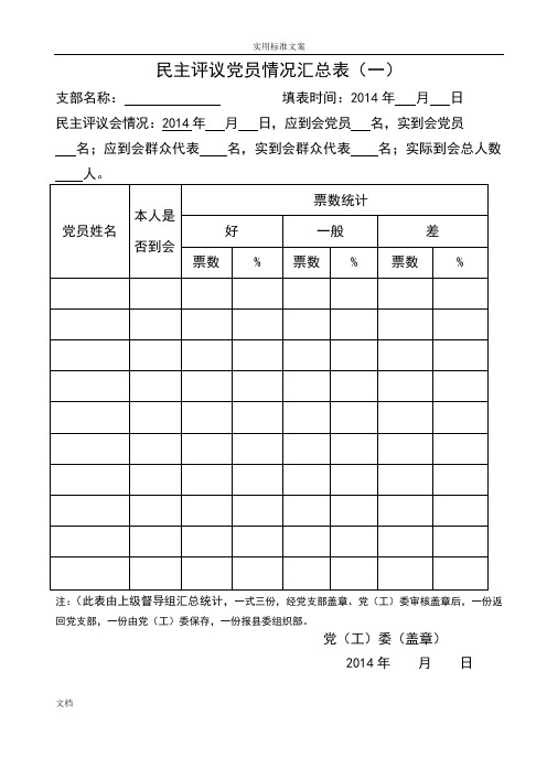 民主评议党员测评表汇总情况表及填表说明书