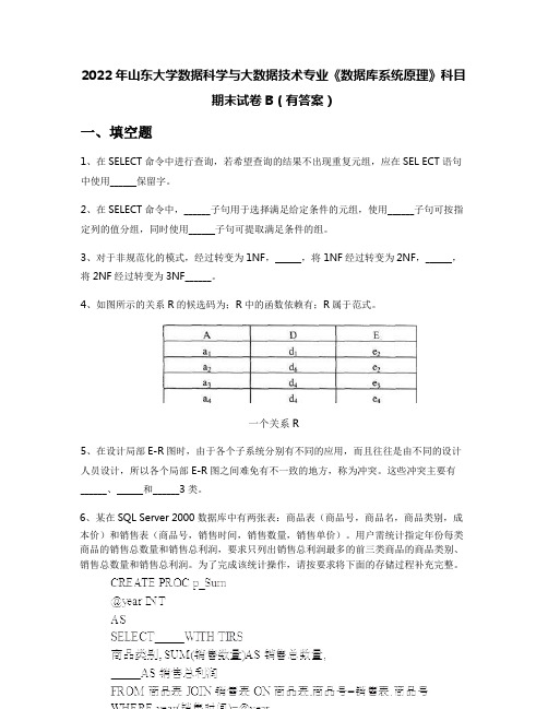 2022年山东大学数据科学与大数据技术专业《数据库系统原理》科目期末试卷B(有答案)