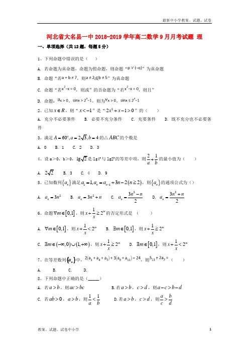 2018_2019学年高二数学9月月考试题理