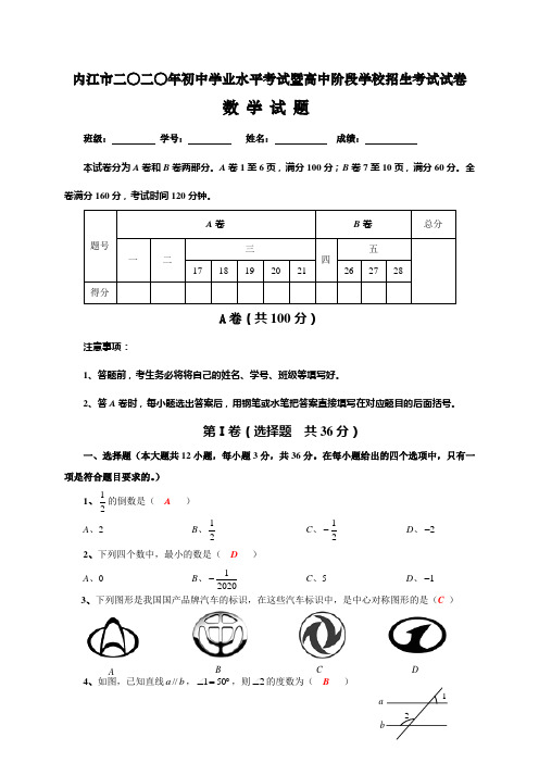 四川省内江市2020年中考数学试题解析(专业版)