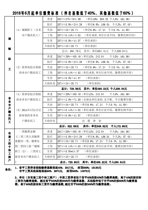 2016年6月起社保单位缴费标准(成都)