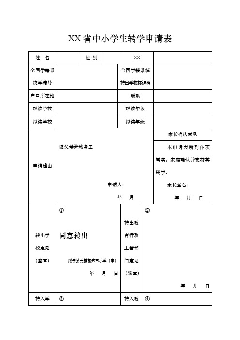 湖南省中小学生转学申请表