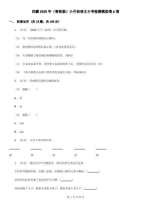 西藏2020年(春秋版)小升初语文小考检测模拟卷A卷