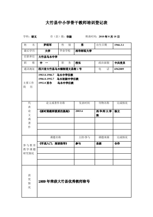 大竹县中小学骨干教师培训登记表(罗)
