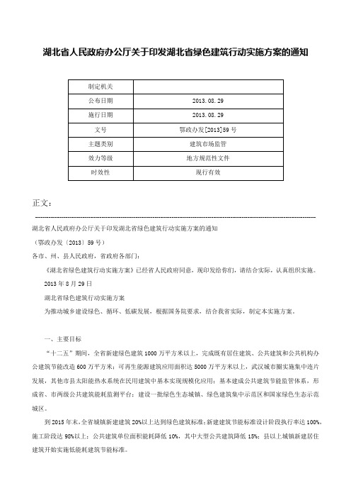 湖北省人民政府办公厅关于印发湖北省绿色建筑行动实施方案的通知-鄂政办发[2013]59号