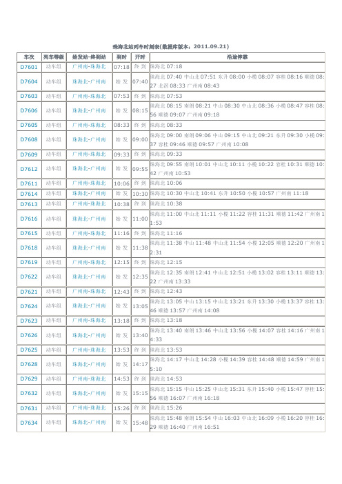 广州到珠海轻轨时刻表