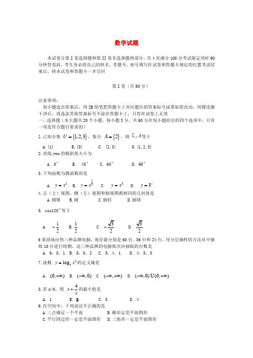 山东省6月普通高中数学学业水平考试试题(无答案)