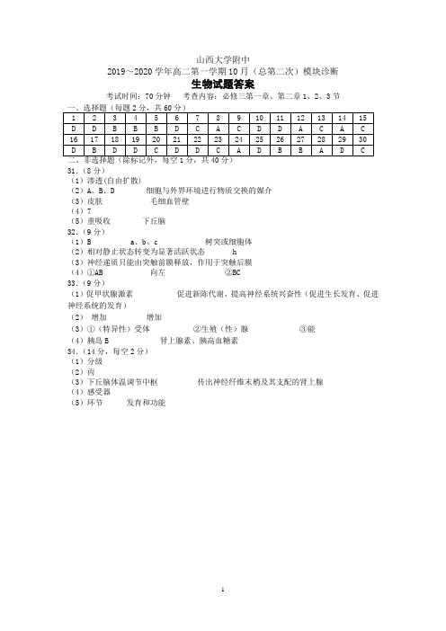 山西大学附中2019 2020学年高二上学期10月模块诊断 生物答案