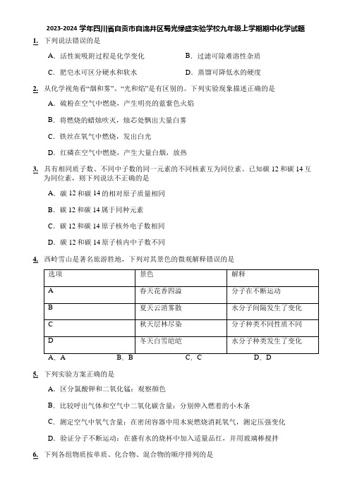 2023-2024学年四川省自贡市自流井区蜀光绿盛实验学校九年级上学期期中化学试题