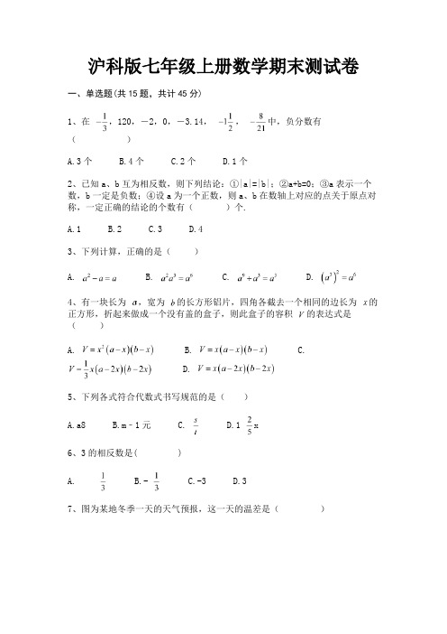 沪科版七年级上册数学期末测试卷(突破训练)