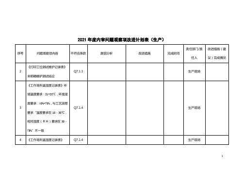 2021年度内审问题观察项改进计划表(汇总28项)