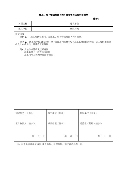 地上、地下管线及建(构)筑物等有关资料移交单