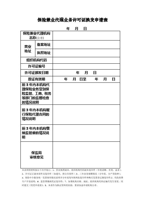 保险兼业代理许可证换发申请表