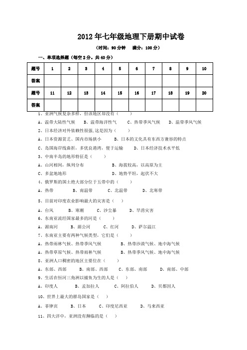 2012年七年级地理下册期中试卷