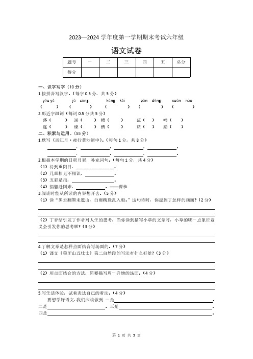 辽宁省营口市鲅鱼圈区2023-2024学年六年级语文上学期期末试卷(含答案)