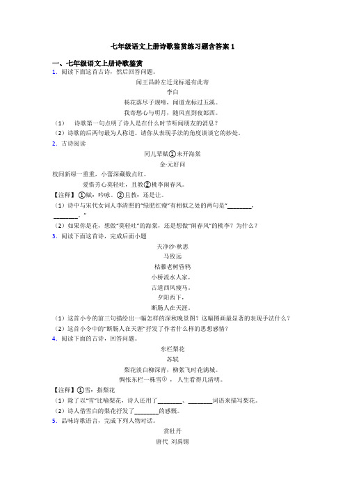 七年级语文上册诗歌鉴赏练习题含答案1