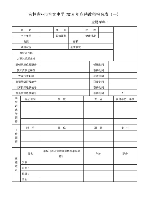 吉林省XX市育文中学2016年应聘教师报名表(一)【模板】