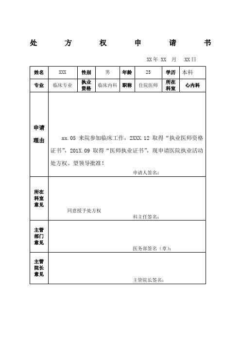 简单的医院处方权申请书