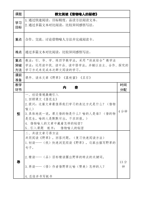 小学语文人教五年级上册(统编2023年更新)第一单元-群文阅读《借物喻人的秘密》教学设计