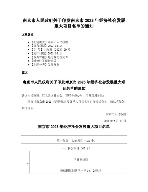 南京市人民政府关于印发南京市2023年经济社会发展重大项目名单的通知