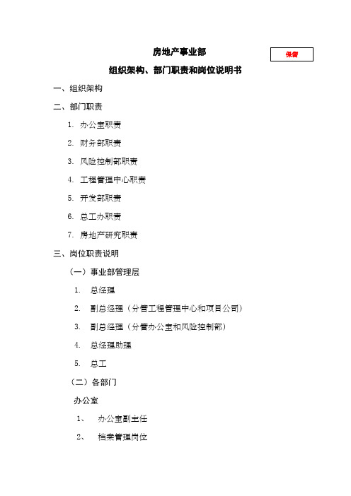 房地产事业部组织架构、部门职责和岗位说明书(汇总)