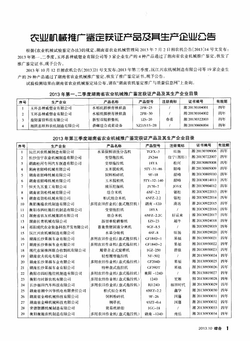 农业机械推广鉴定获证产品及其生产企业公告