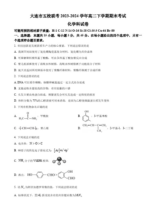 辽宁省大连市五校联考2023-2024学年高二下学期期末考试化学试题(含答案)