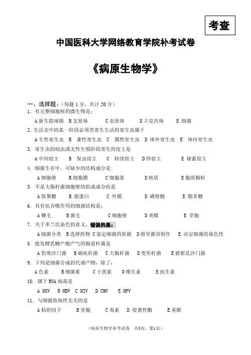 中国医科大学网络教育学院《病原生物学》补考试卷