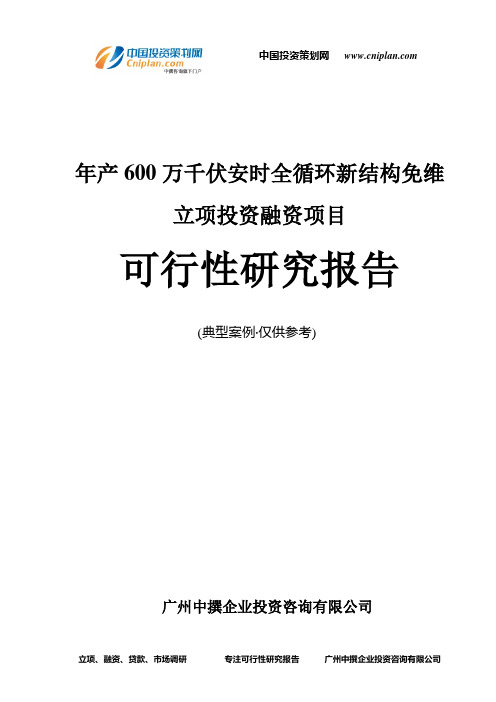 年产600万千伏安时全循环新结构免维融资投资立项项目可行性研究报告(中撰咨询)