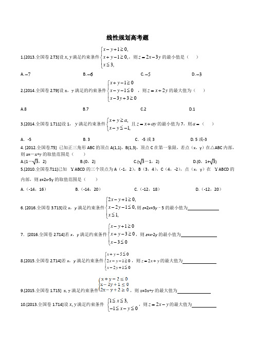 (word完整版)近几年全国卷高考文科数学线性规划高考题