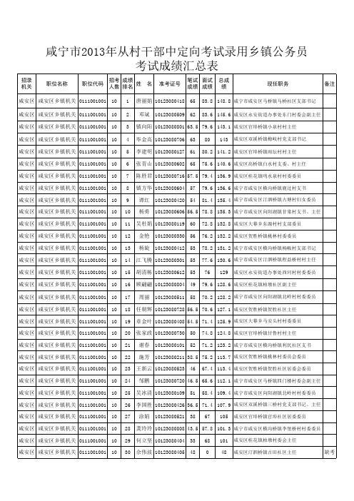 咸宁市2013年从村干部中定向考试录用乡镇公务员考试成绩