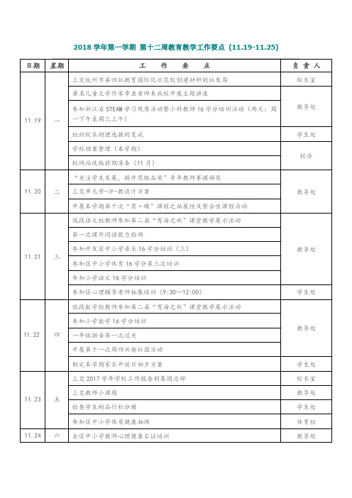 2018学年第一学期 第十二周教育教学工作要点