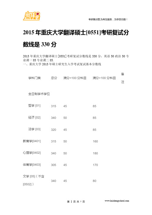 2015年重庆大学翻译硕士[0551]考研复试分数线是330分