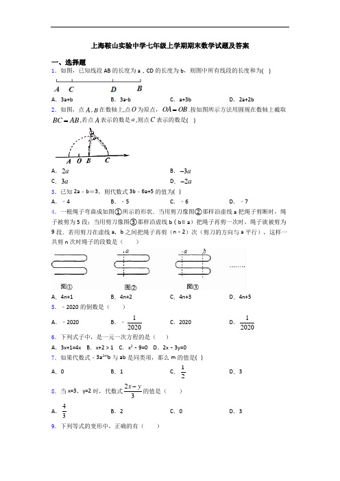 上海鞍山实验中学七年级上学期期末数学试题及答案