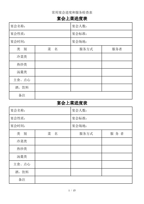 常用宴会进度和服务检查表