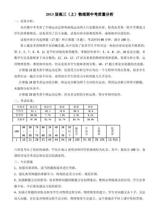 2013届高三(上)物理期中考质量分析