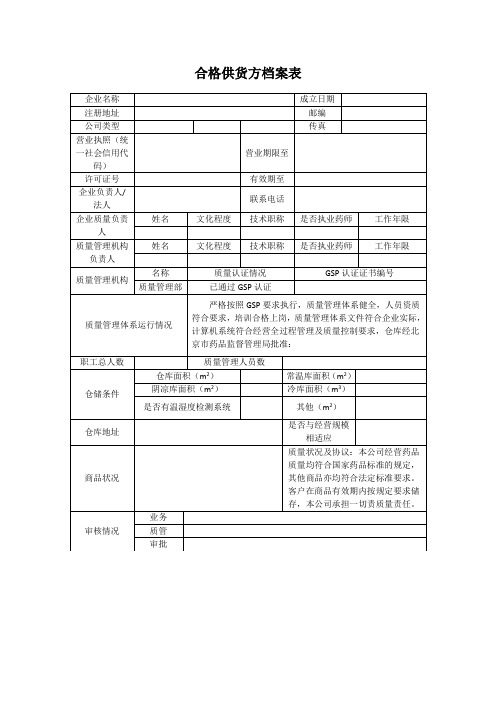 合格供货方档案表