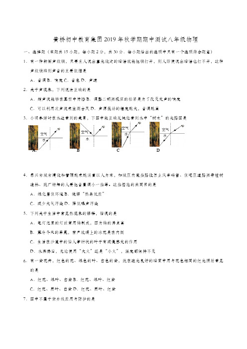 江苏省泰兴市黄桥初中教育集团2019-2020学年八年级上学期期中考试物理试题