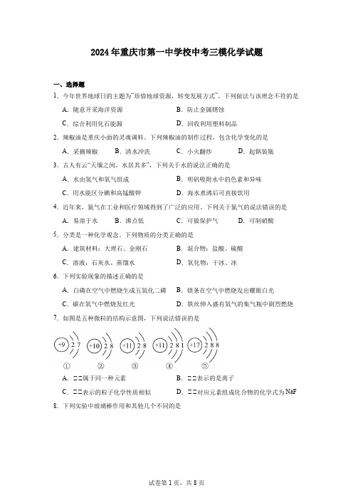 2024年重庆市第一中学校中考三模化学试题