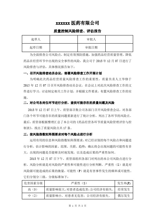 医药批发企业质量控制风险排查评估报告