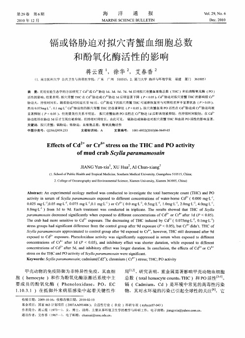 镉或铬胁迫对拟穴青蟹血细胞总数和酚氧化酶活性的影响