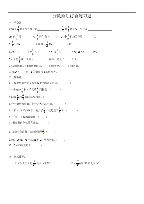 新人教版小学六年级数学上册分数乘法综合练习题