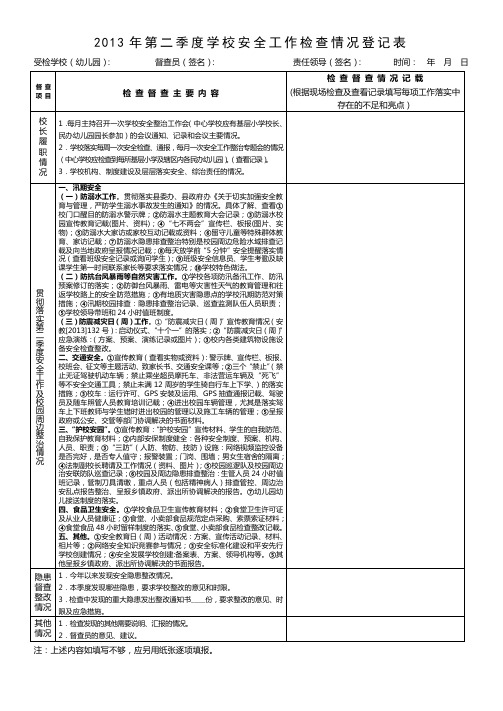 2013年第二季度学校安全工作检查情况登记表