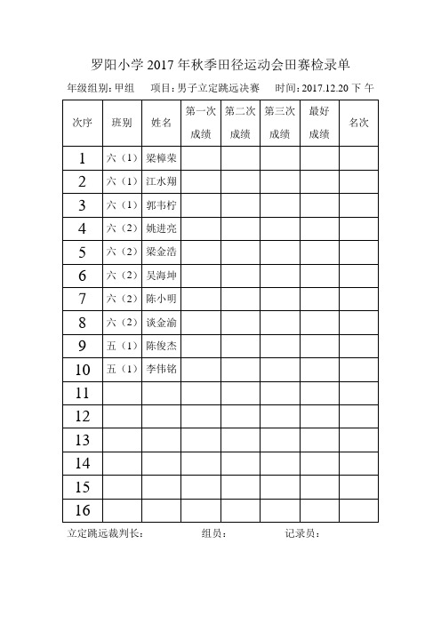 罗阳小学田赛检录单