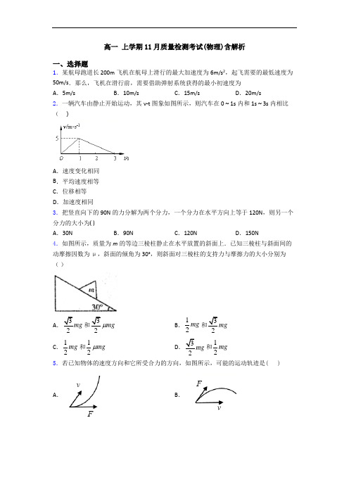 高一 上学期11月质量检测考试(物理)含解析