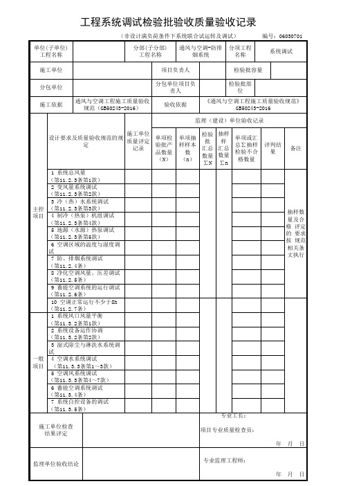 工程系统调试检验批验收质量验收记录(非设计满负荷条件下系统联合试运转及调试)