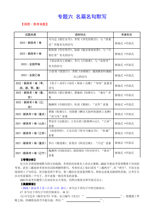 2024届高考语文复习：名篇名句默写