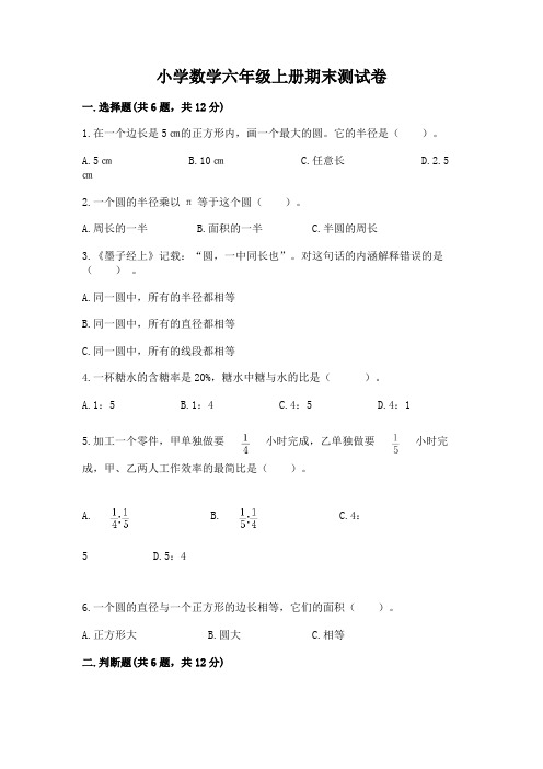 小学数学六年级上册期末测试卷及答案(名师系列)