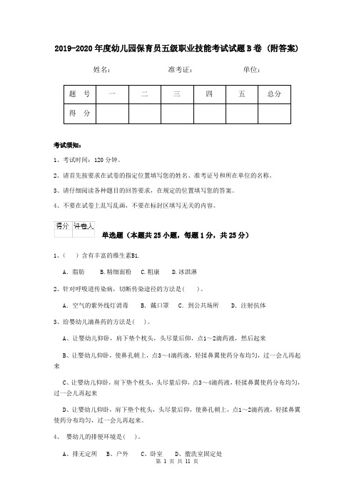 2019-2020年度幼儿园保育员五级职业技能考试试题B卷 (附答案)